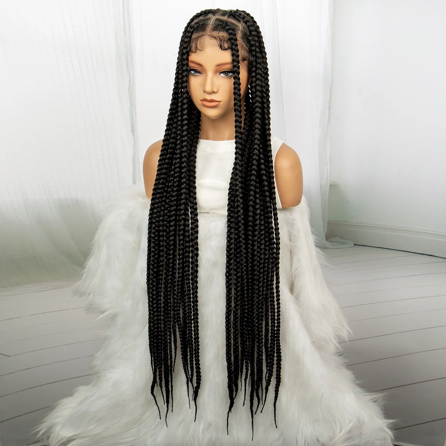 Full Lace Braided Wigs, Knotless Box Braids, for Black Women 34 inches Long Black