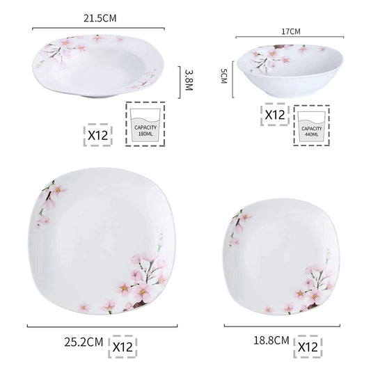 Service de table 48 pièces en porcelaine céramique avec bols, assiettes à dessert, assiettes creuses et assiettes plates pour 12 personnes.