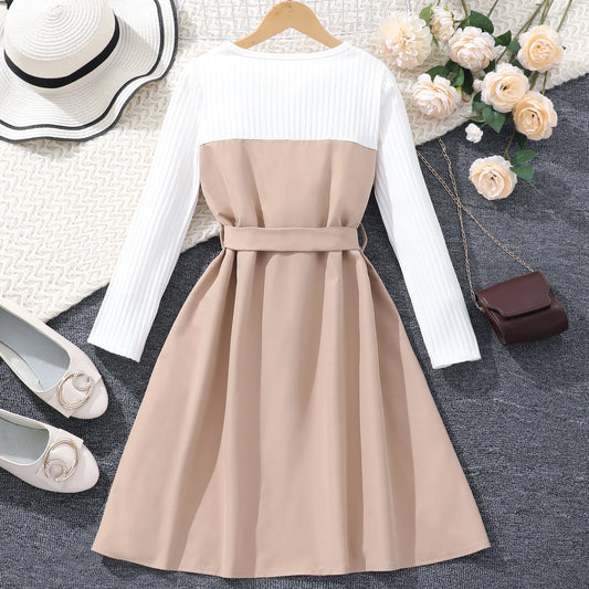 8-12 Yrs Long Dress for Girl Autumn and Winter, Belt Button Khaki Long Dress.