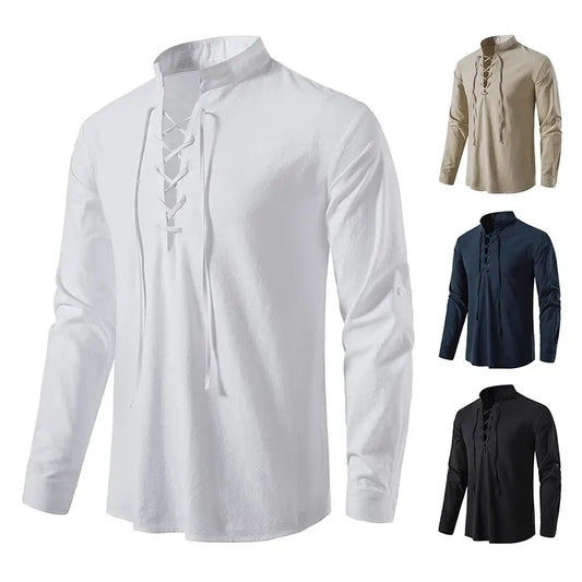 Camisas de hombre Casual Lino Algodón Camisa de Manga Larga Primavera, Otoño Vintage Camisa Talla de EE. UU. con Cuello con Cordón.