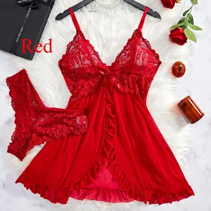 Sexy Lingerie Set, Women Erotic Bra Nightdress Sexy Sleepwear, V Neck Full Slip.