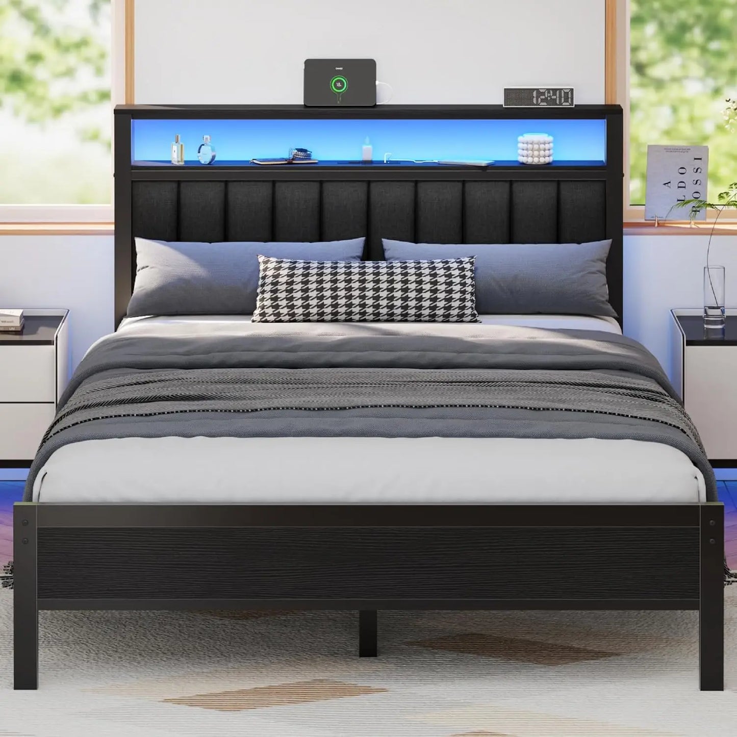 Queen Size Bed Frame with Charging Station and LED Lights, with Metal Slats, Grey Upholstered Headboard.