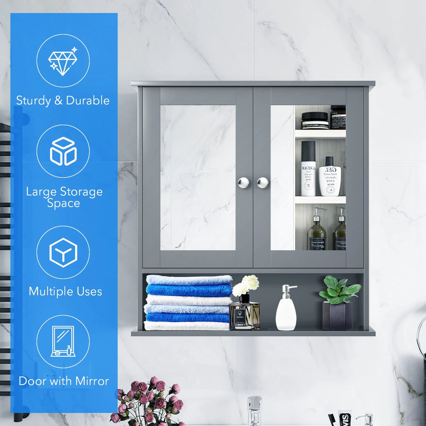 Wall Mount Mirror Cabinet Bathroom, Medicine Cabinet Organizer Grey.