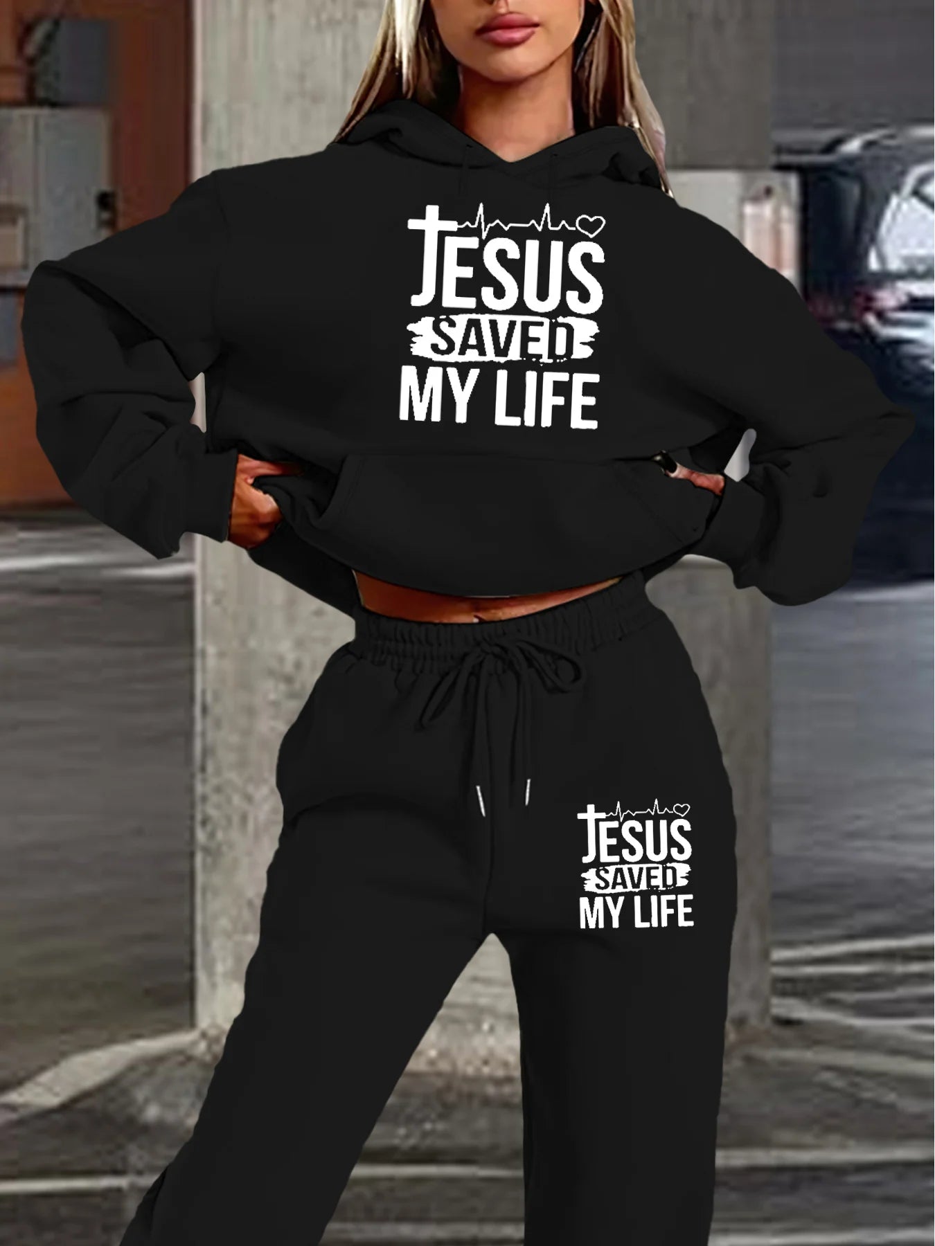 Women's autumn and winter casual fashion, loose hip-hop street JESUS, letter printed warm hooded sweat ,shirt+ sports pants.