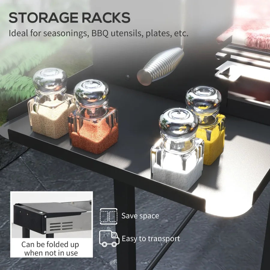 BBQ Rotisserie Charcoal Grill for Chicken Turkey 3Level Grate Storage Shelves Stainless Steel.