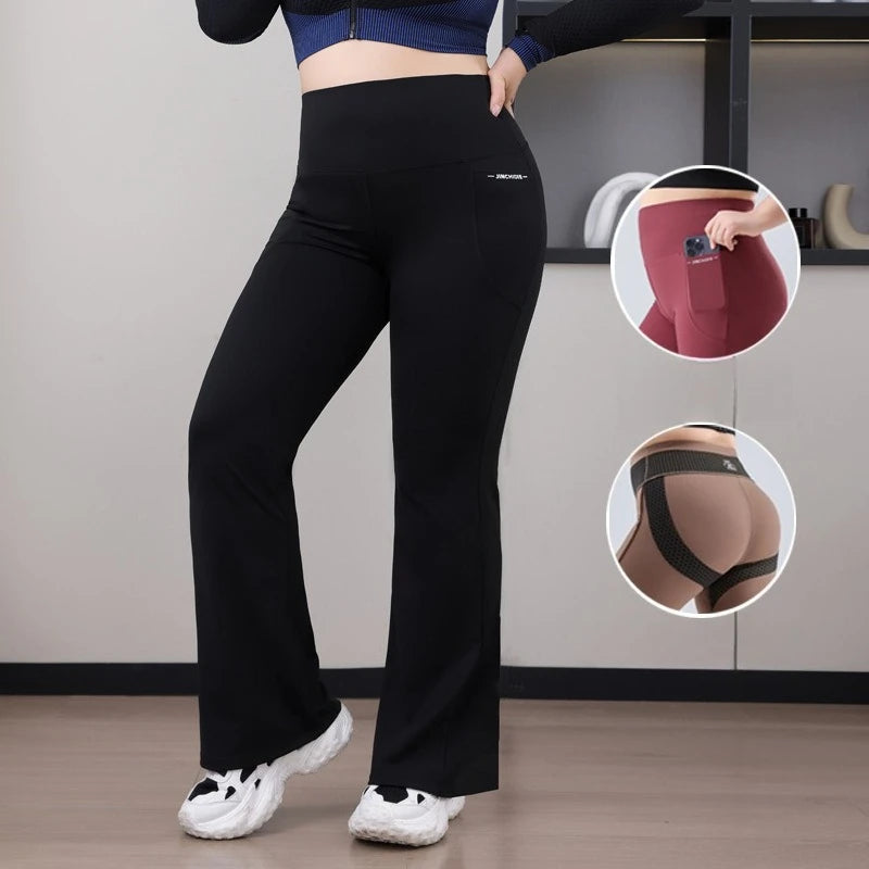Plus Size Fit Yoga Flared Trousers, Seamless, Two Sides Pocket Leggings High Waist Push Up Butt Training Leggings.