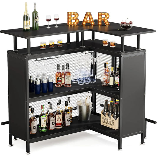 L-Shaped Bar Table with Stemware Racks and 2-Tier Shelves with footrest
