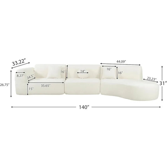 Curved Polyester Sectional Sofa Set, 7 Seat Chaise Lounge, 3 Pillows, Fully Assembled