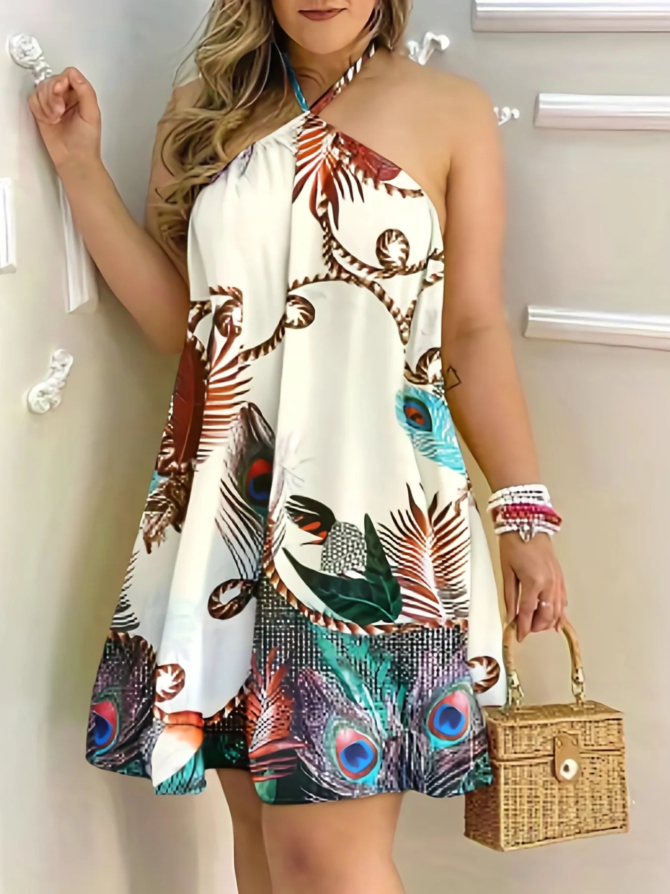 Plus Size Dresses For Woman Sexy Sleeveless Backless Short Mini Dress Halter Neck Print Beach Sundress.