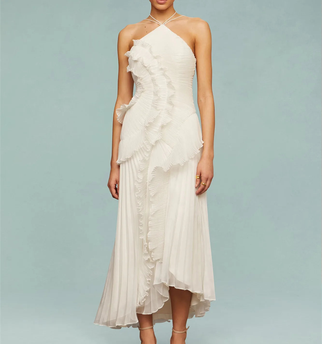 Elegant Women Ruffle Pleated Long Dress , Sleeveless Halter, Tiered Pleated , Maxi Dresses.