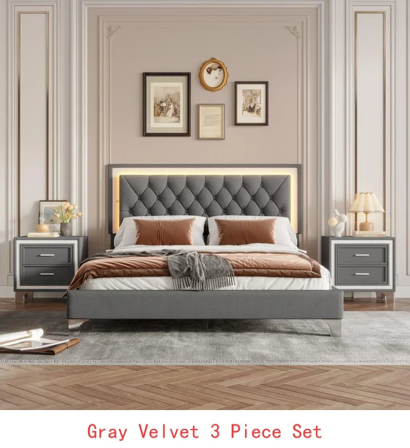 3-Piece Bedroom Set, Queen Size Upholstered Bed with LED Lighting & 2 Nightstands.