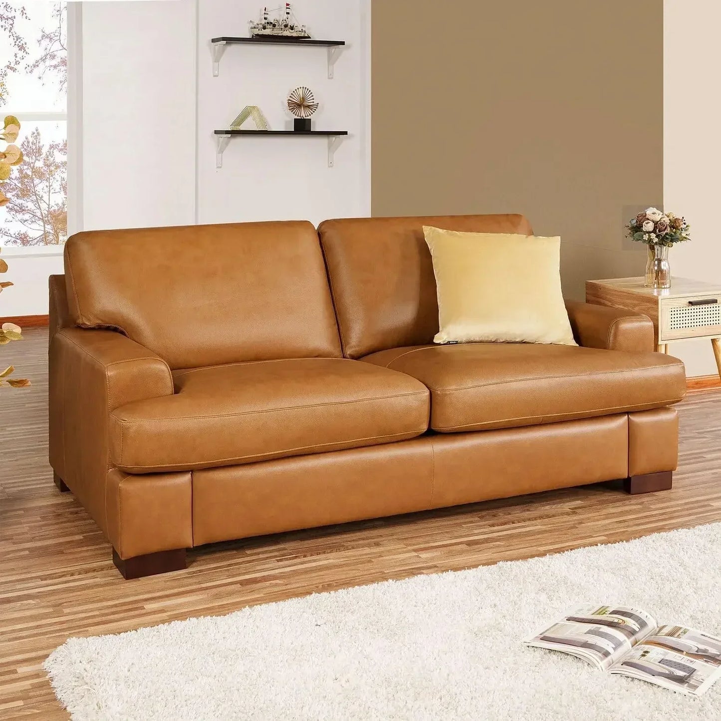 Genuine Leather Sofa Set of 3, Luxurious Comfortable Goose Feather Cushion Filling, Square Arm Design.