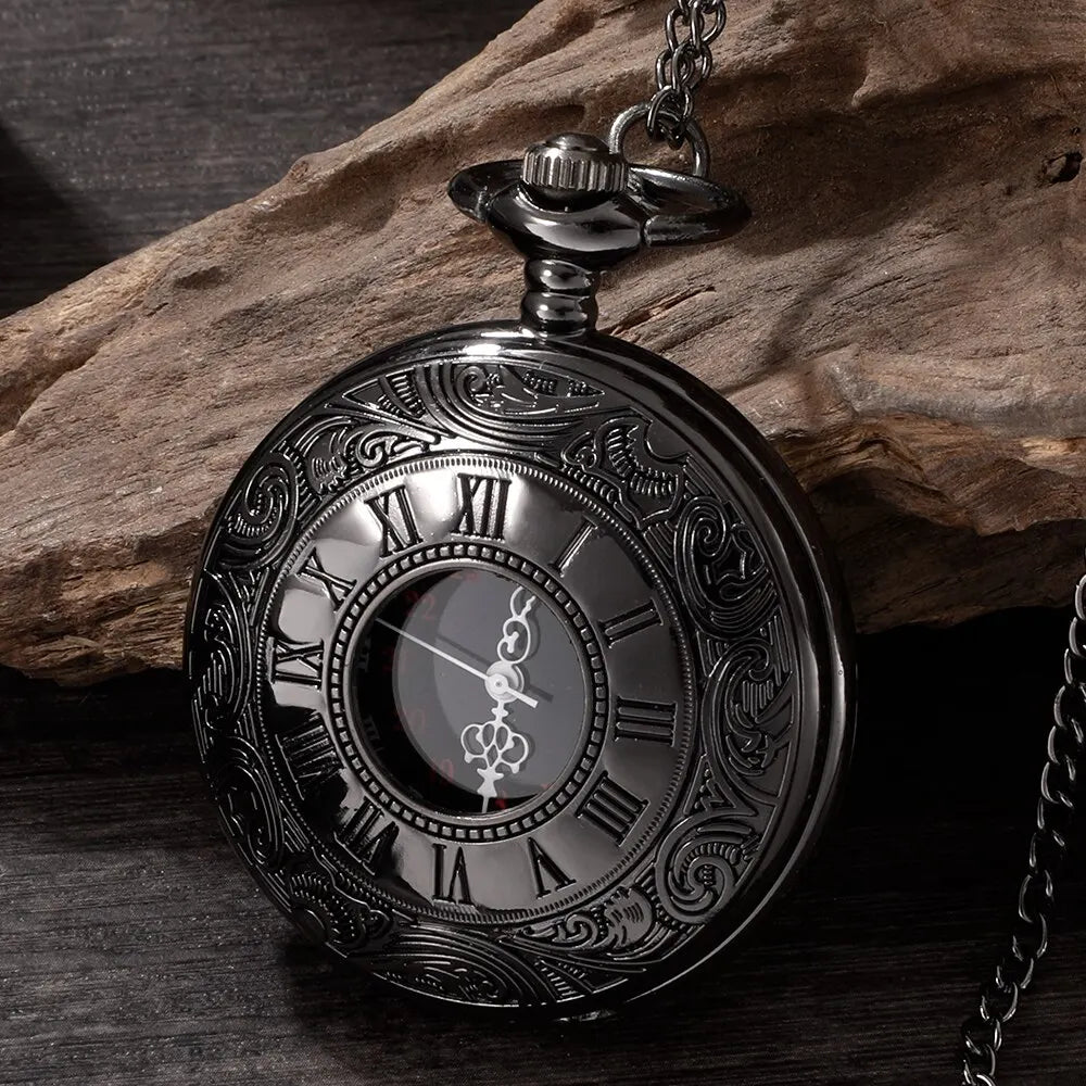 1 pcs Steampunk pocket watch, men's chain, necklace, antique charm, black, Roman numerals, quartz, unified fashion.