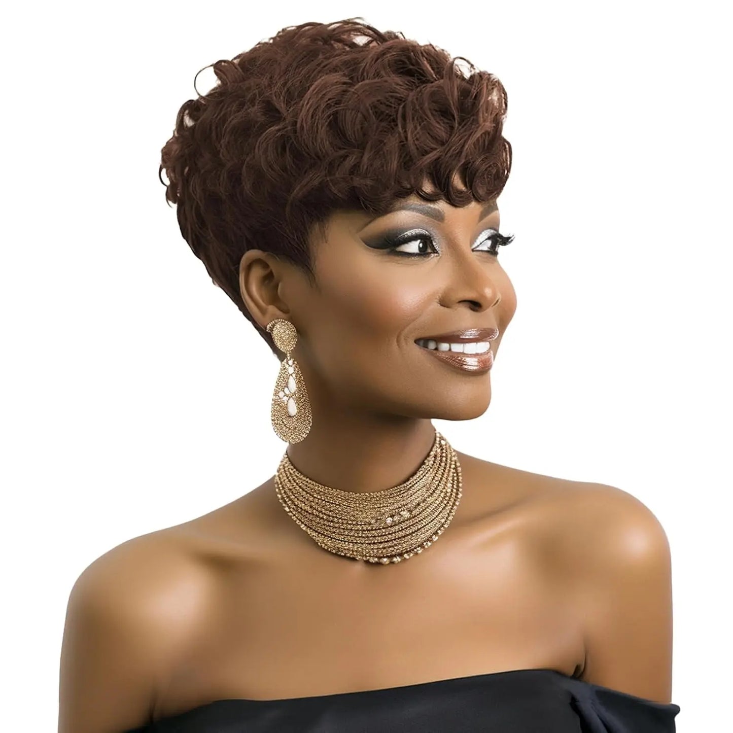 Black women's short elf wig with bangs, curly wig