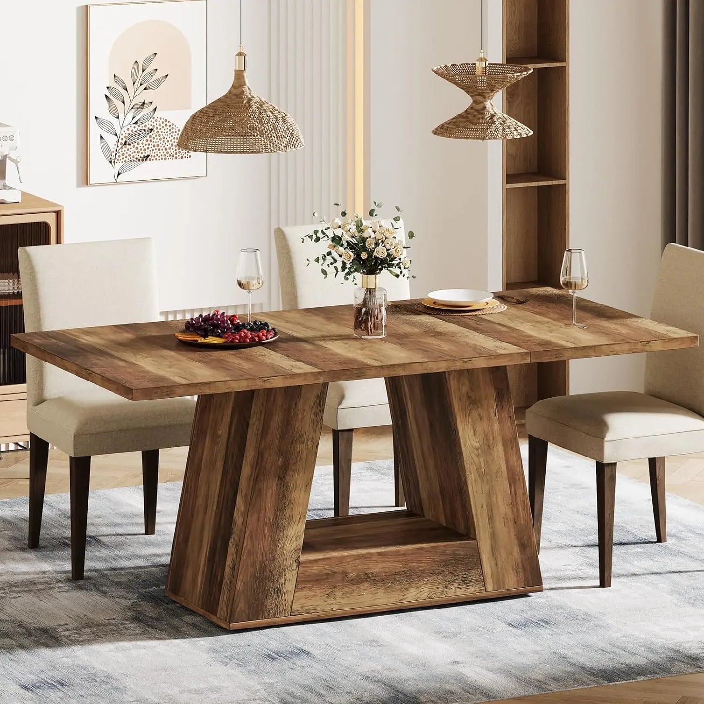 Dining Table for 4 to 6 People, 63" Rectangular Dining Room Table, Modern Wooden Faux Marble Dinner Table with Sturdy Base