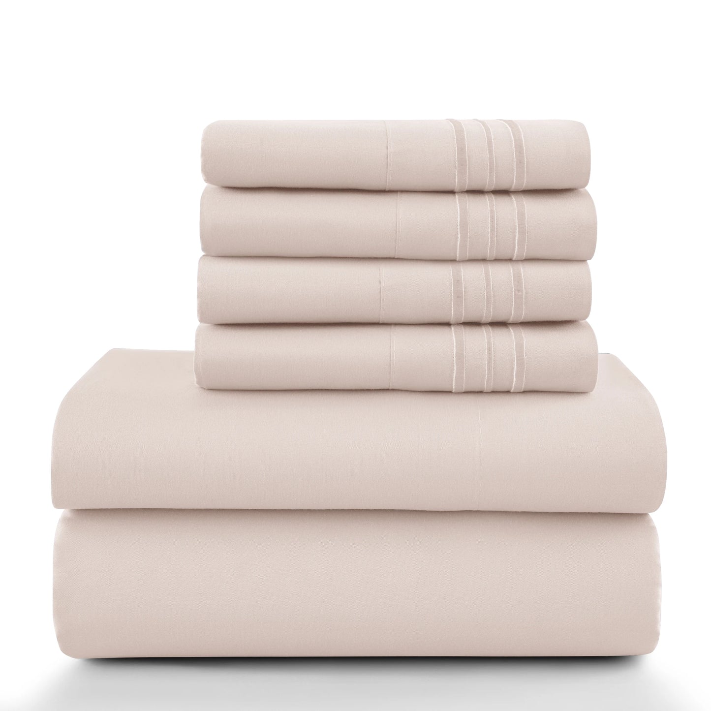 Lux Décor 6Pc Solid Sheet Set – Brushed Microfiber, 16" Deep Pockets, with Embroidered & Plain Pillowcases.