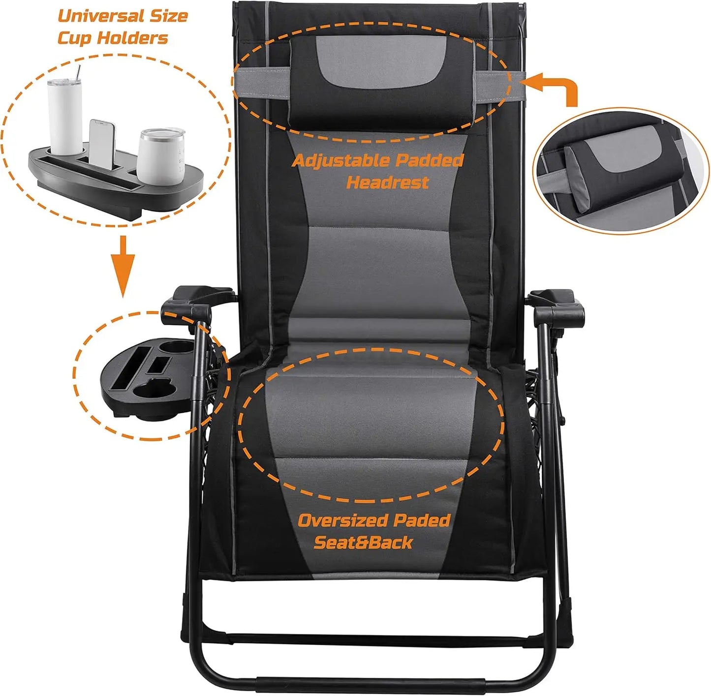 XXL Oversize Recliner Folding Chair for Camping, Patio, Outdoors. Reclining Padded Seats.