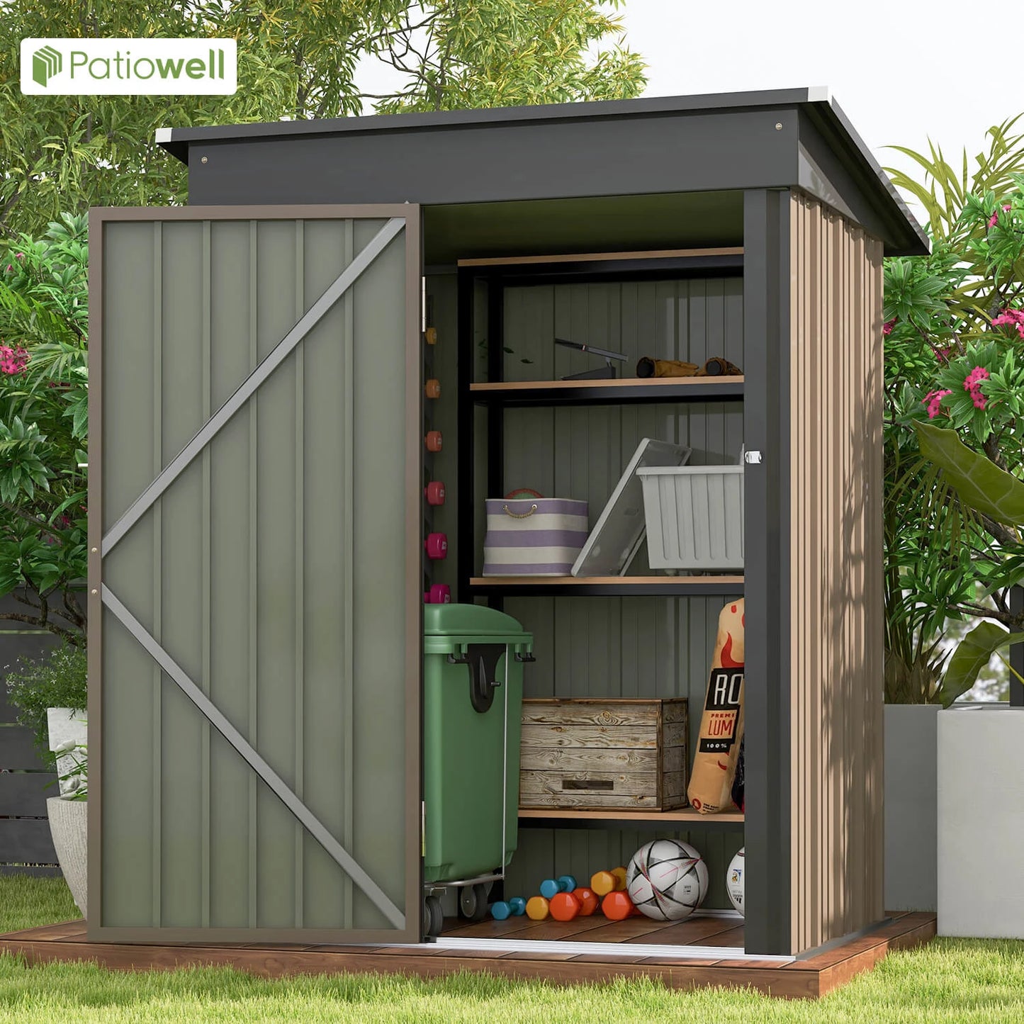 Patio well 5x3 FT Outdoor Storage Shed, Tool Shed with Sloping Roof and Lockable Door.