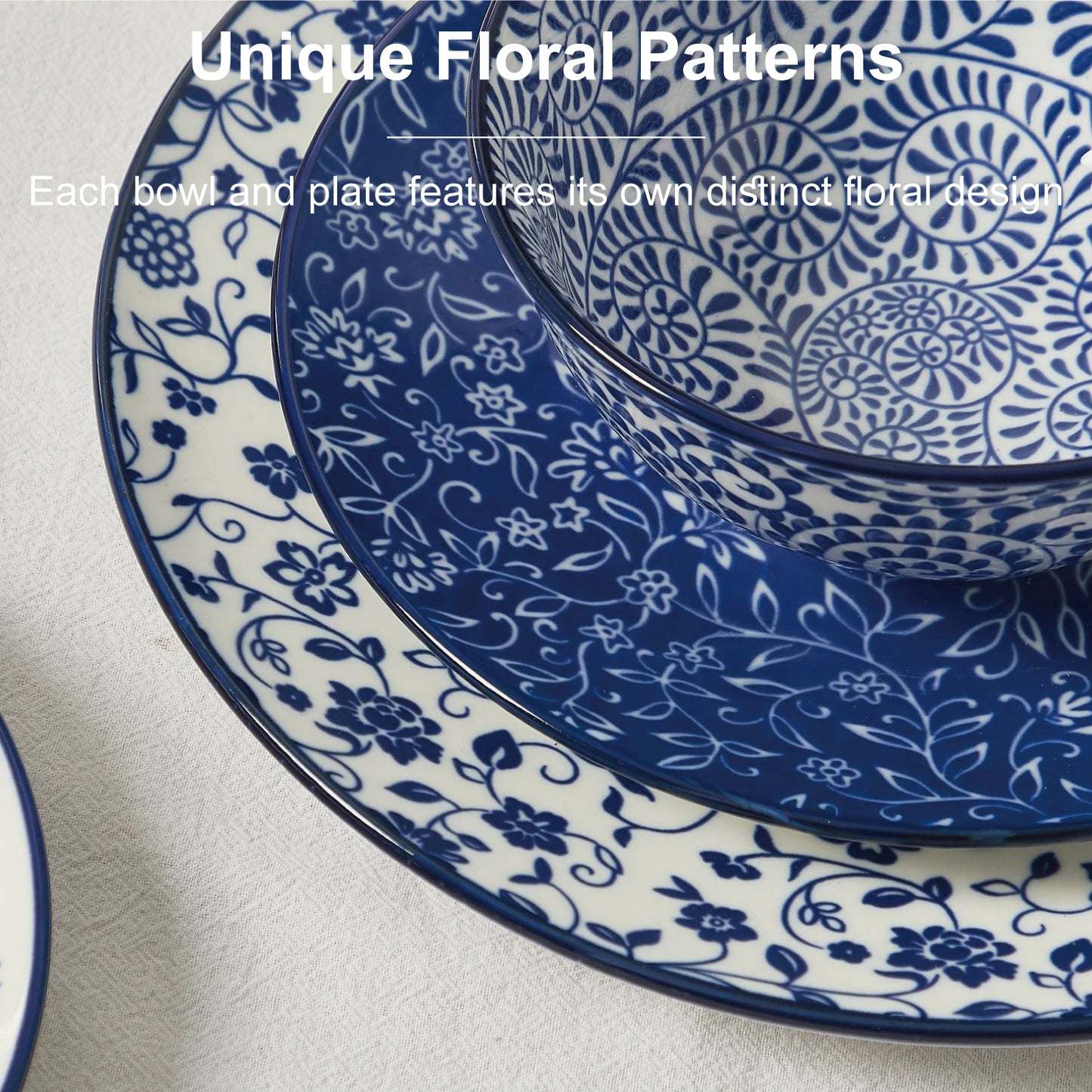 12pcs, Plates and Bowls, Dish Sets for 4 - Scratch Resistant, Dishwasher & Microwave Safe, Vintage Blue.