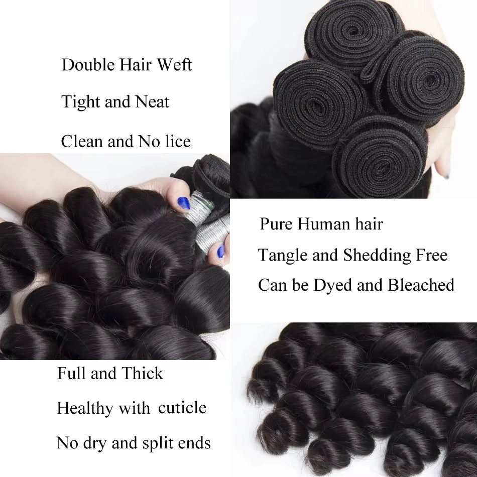 30 32 Inch Loose Wave 100% Human Hair, 3 4 Bundles Raw Virgin Unprocessed Brazilian Loose Deep Wave, Human Hair Bundles Extensions.