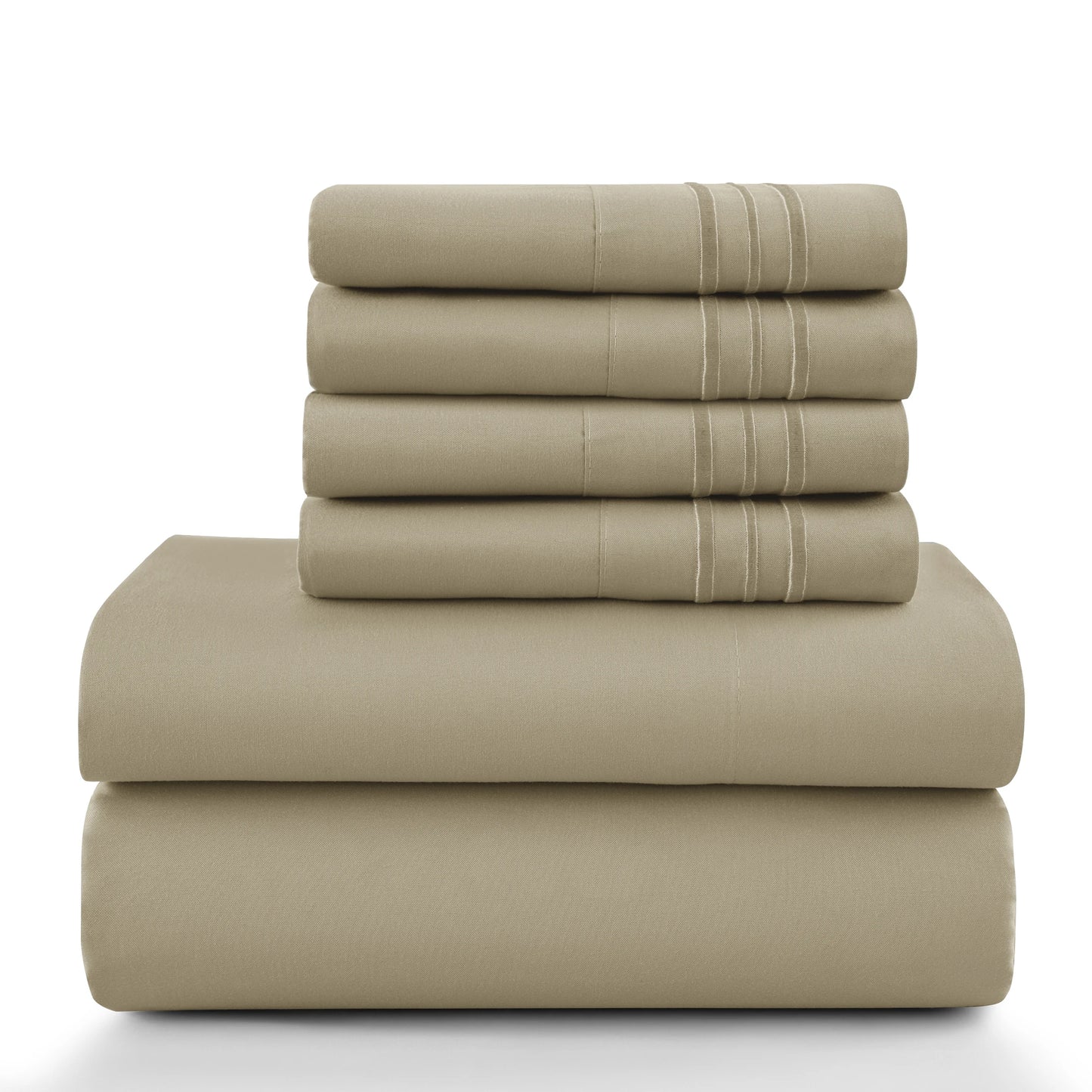 Lux Décor 6Pc Solid Sheet Set – Brushed Microfiber, 16" Deep Pockets, with Embroidered & Plain Pillowcases.