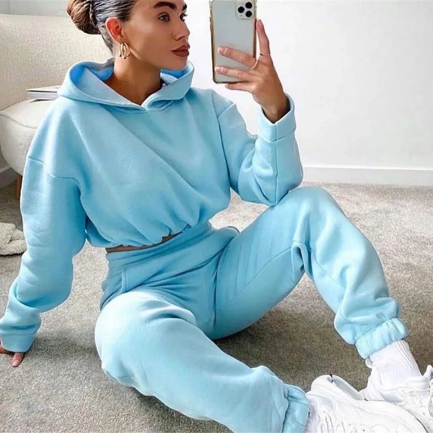Winter Tracksuit Women Two Piece Set - Oversized Hoodie Sweatpants, Solid Color Sportswear Suit.