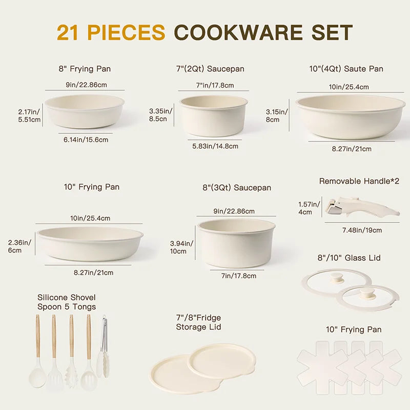 21 Piece Pots and Pans Set Non-Stick, Ceramic Cookware Set with Sensor Handles.