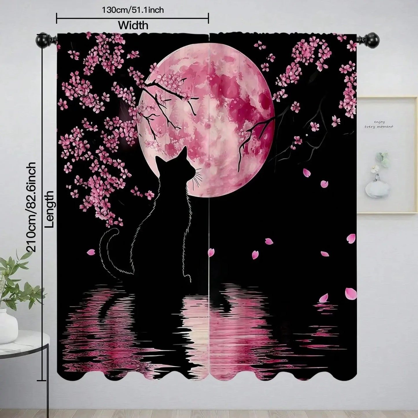 JIT 2pcs Dreamy Floral Blackout Curtain, Cherry Blossom Cat Design Polyester Drapes.