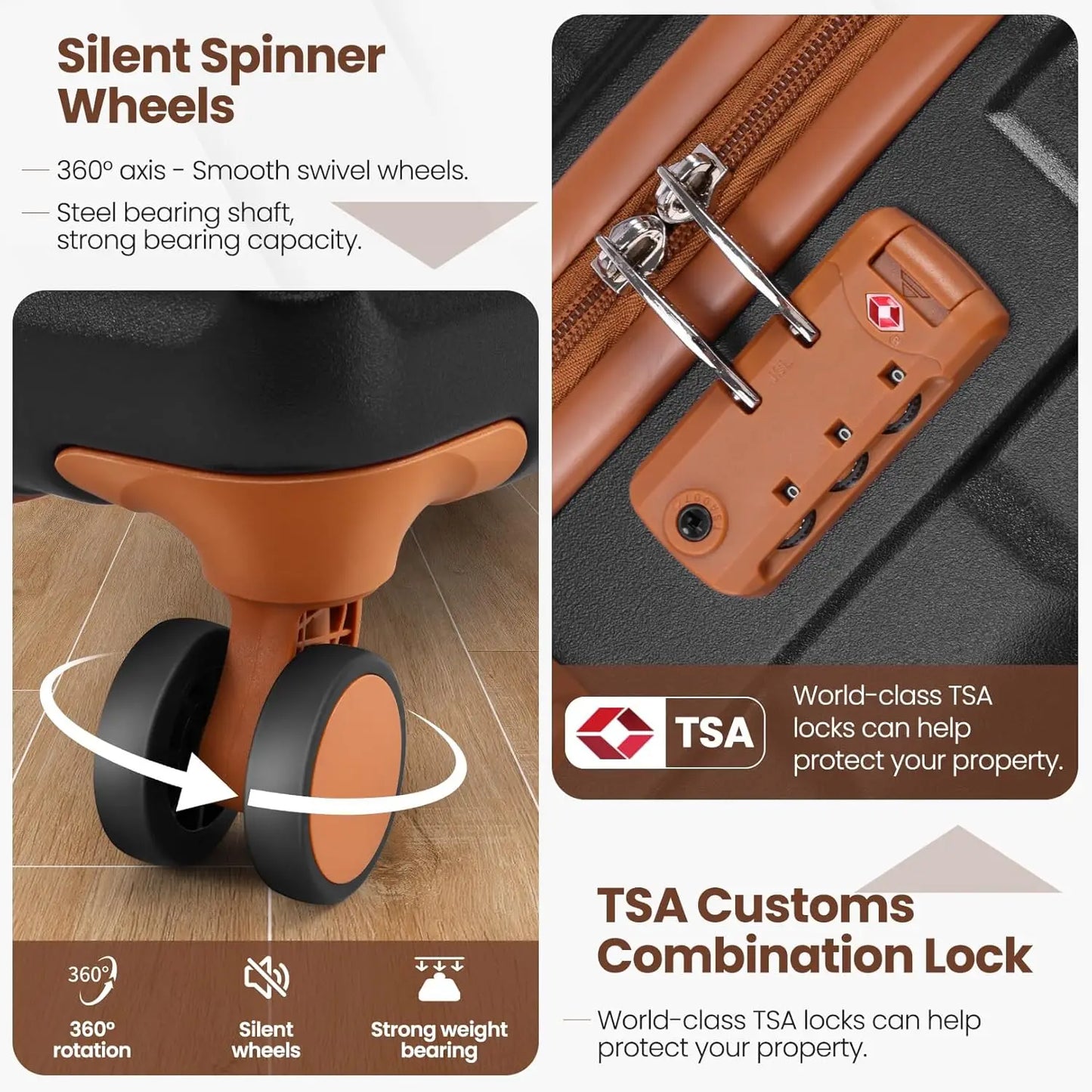 3/5pcs Carry On Luggage Set With Spinner Wheel, ABS Hard shell Suitcase With TSA Lock 20/24/28"Luggage, Toiletry Bag Duffel Bag.