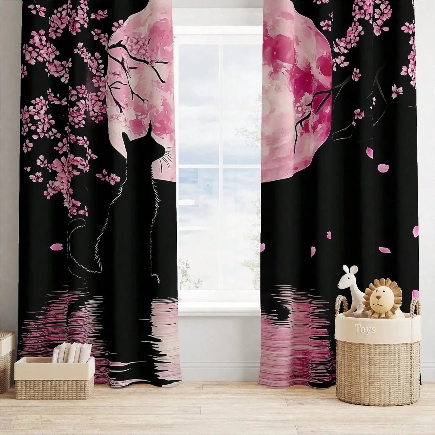 JIT 2pcs Dreamy Floral Blackout Curtain, Cherry Blossom Cat Design Polyester Drapes.