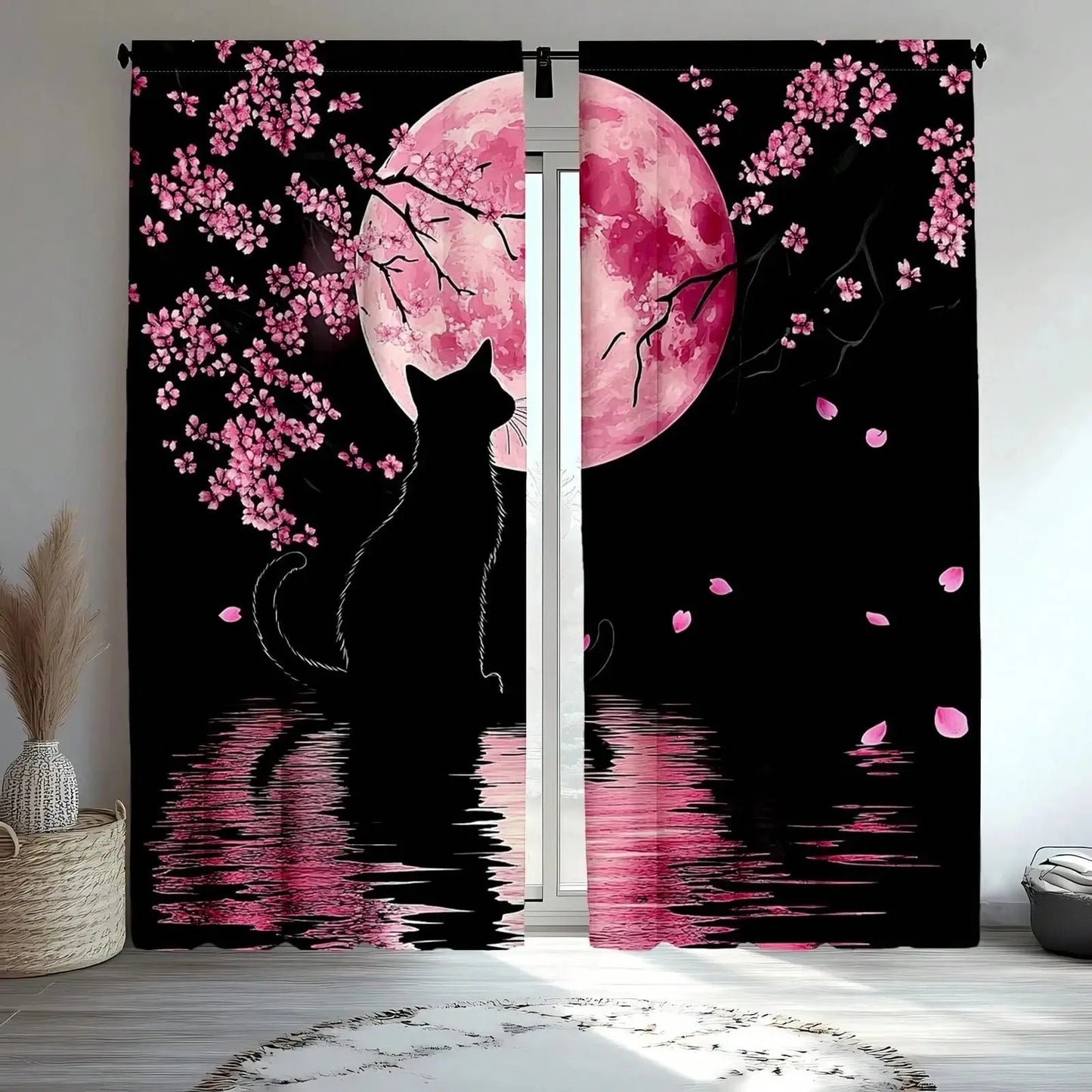 JIT 2pcs Dreamy Floral Blackout Curtain, Cherry Blossom Cat Design Polyester Drapes.