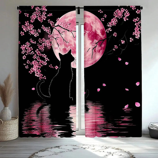 JIT 2pcs Dreamy Floral Blackout Curtain, Cherry Blossom Cat Design Polyester Drapes.