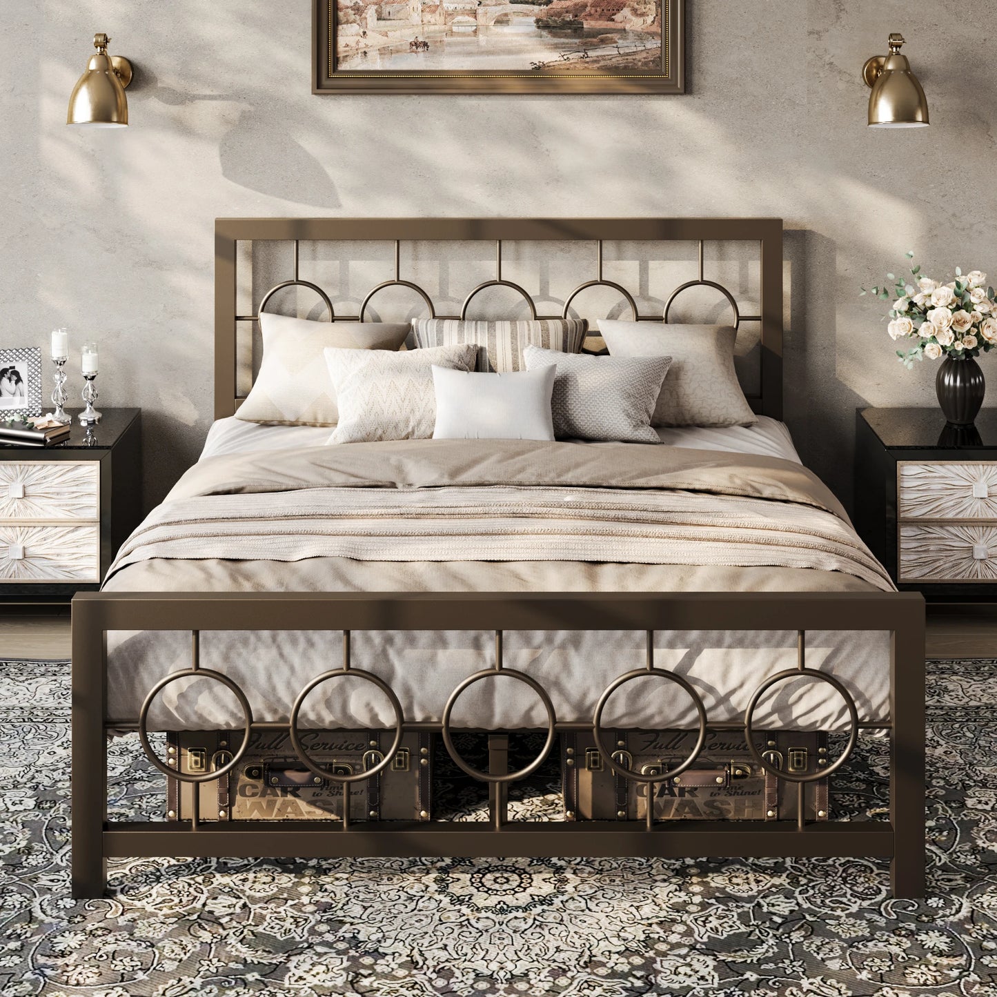 Metal Platform Bed Frame with Vintage  Design Headboard and FootboardUnder-Bed Storage