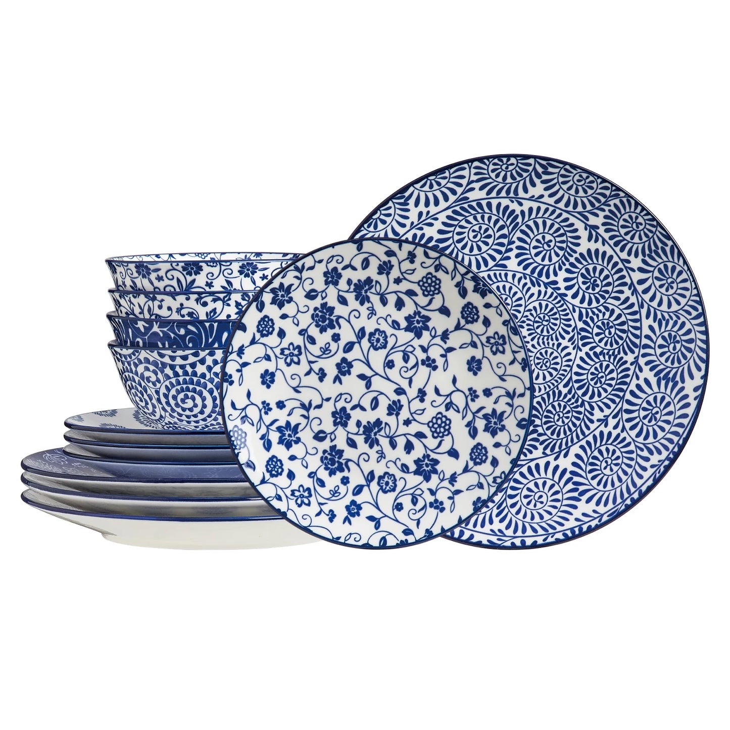 12pcs, Plates and Bowls, Dish Sets for 4 - Scratch Resistant, Dishwasher & Microwave Safe, Vintage Blue.