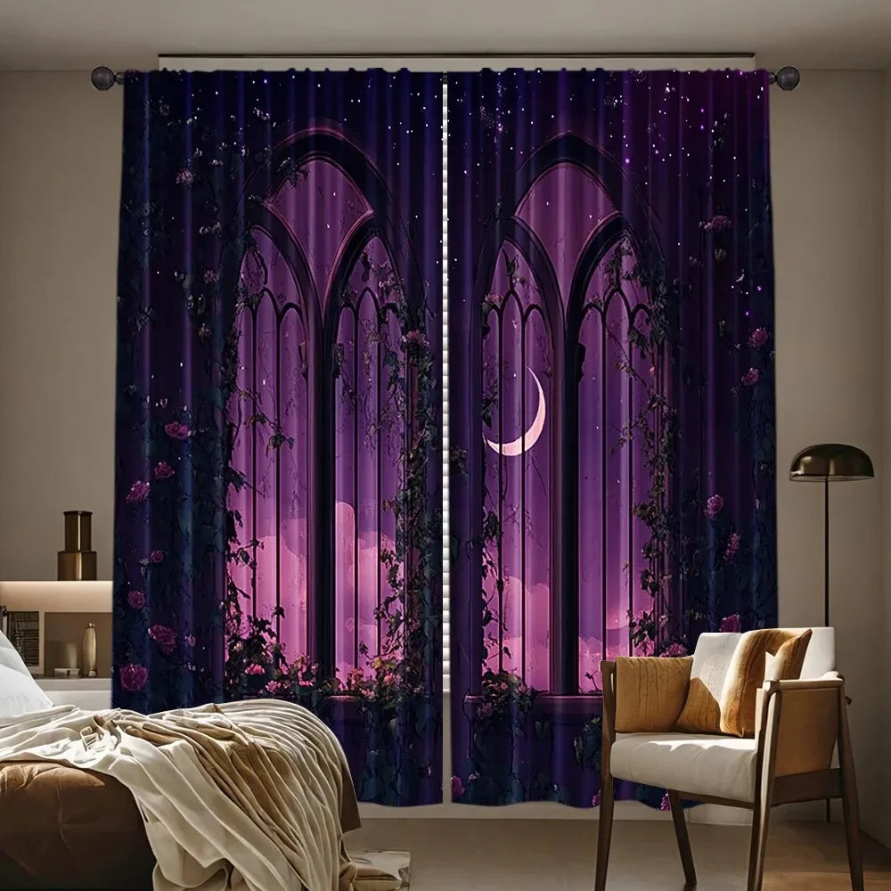 2pcs Blooming Rose Window Curtains Gothic Design, Room Darkening Polyester curtains.