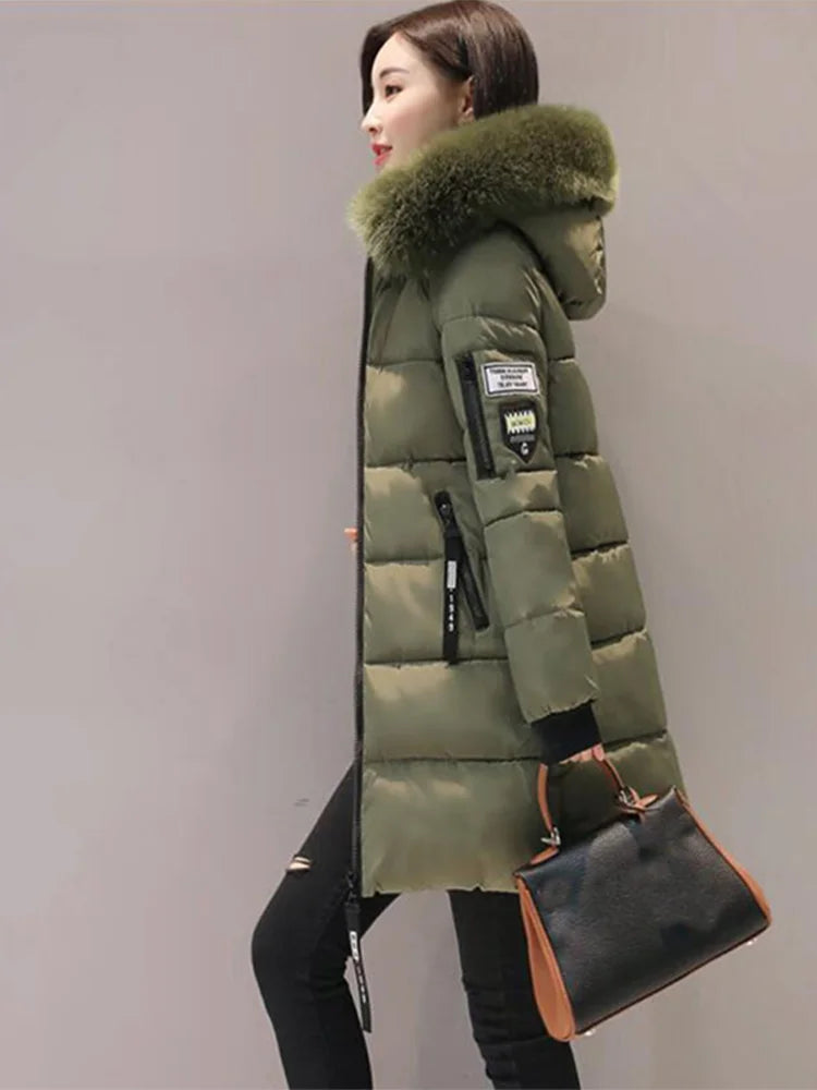 Warm Fur Collar Hooded Women Parka, Comfortable Zipper Pockets Design Long Jacket.