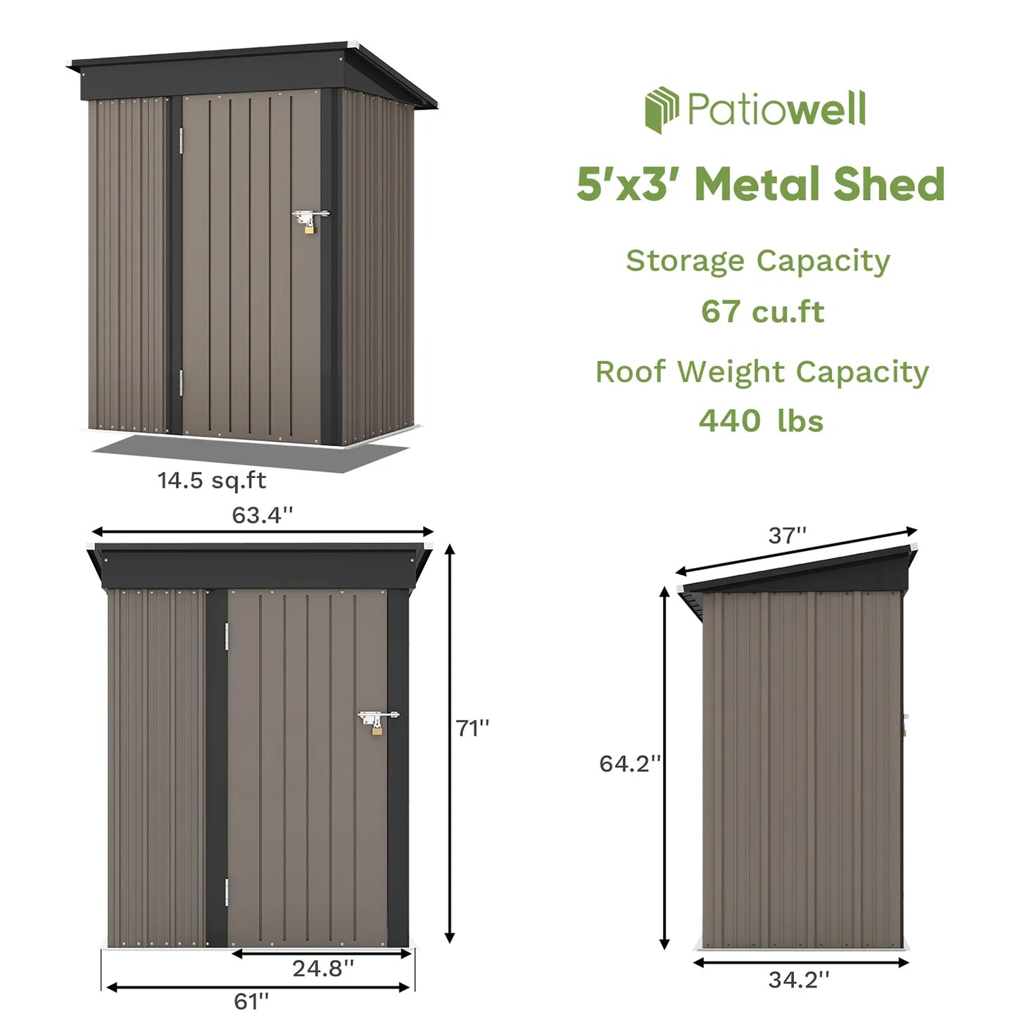 Patio well 5x3 FT Outdoor Storage Shed, Tool Shed with Sloping Roof and Lockable Door.