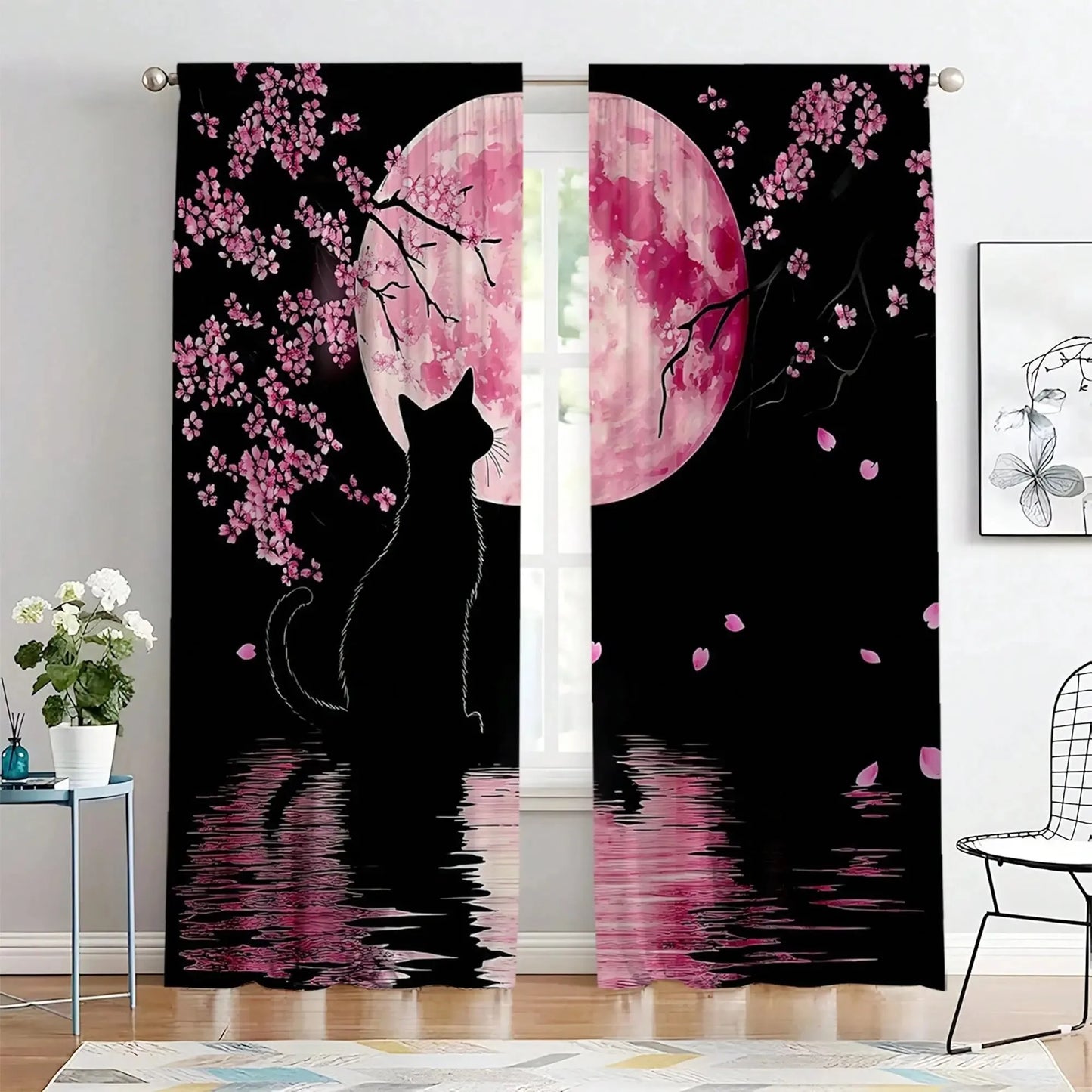 JIT 2pcs Dreamy Floral Blackout Curtain, Cherry Blossom Cat Design Polyester Drapes.