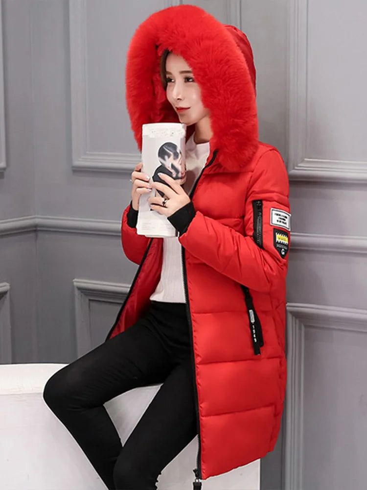 Warm Fur Collar Hooded Women Parka, Comfortable Zipper Pockets Design Long Jacket.