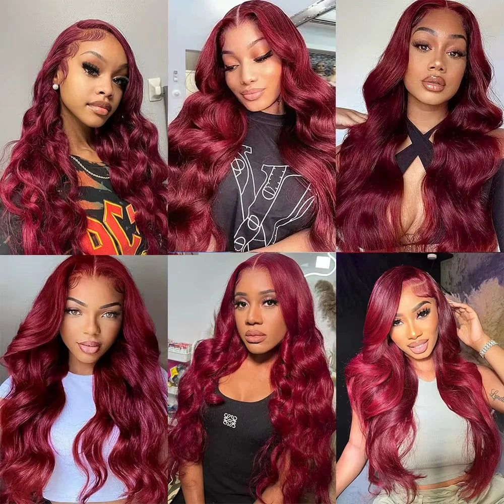 burgundy 13x6 HD lace frontal human hair wig 99J,Human Hair Wig Body Wave 40 44 Inch, Brazilian Colored Red.