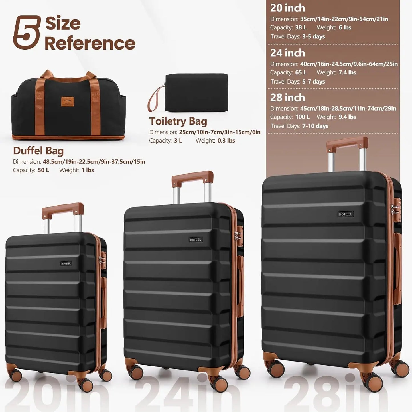 3/5pcs Carry On Luggage Set With Spinner Wheel, ABS Hard shell Suitcase With TSA Lock 20/24/28"Luggage, Toiletry Bag Duffel Bag.