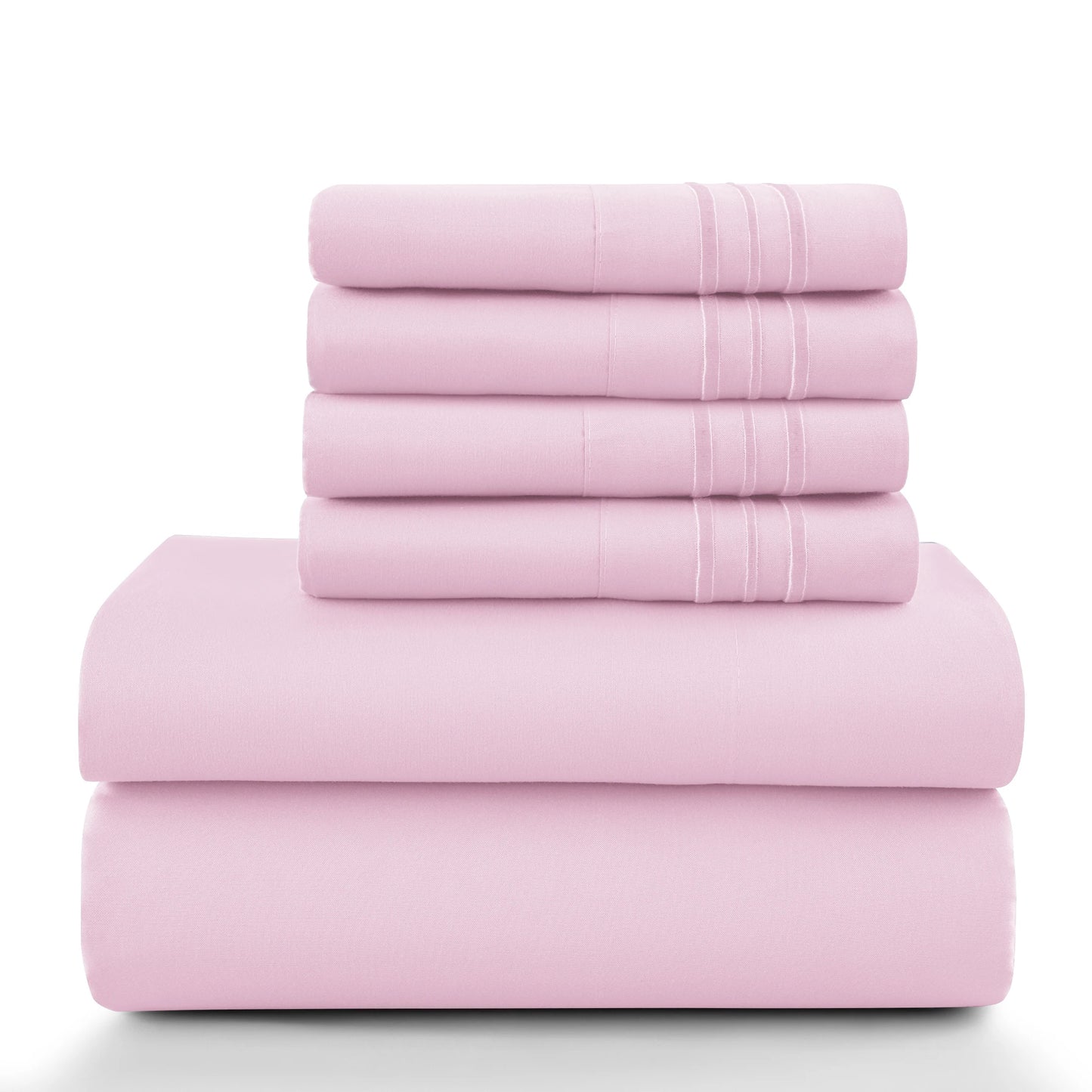 Lux Décor 6Pc Solid Sheet Set – Brushed Microfiber, 16" Deep Pockets, with Embroidered & Plain Pillowcases.