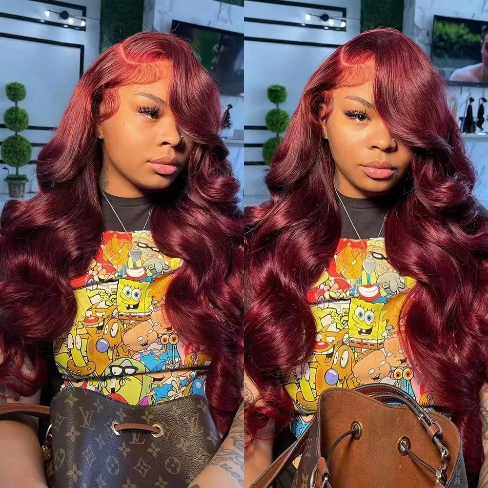 burgundy 13x6 HD lace frontal human hair wig 99J,Human Hair Wig Body Wave 40 44 Inch, Brazilian Colored Red.