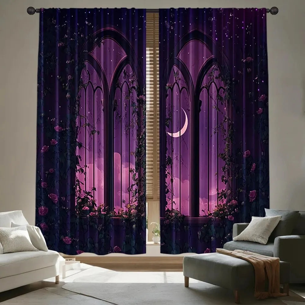2pcs Blooming Rose Window Curtains Gothic Design, Room Darkening Polyester curtains.