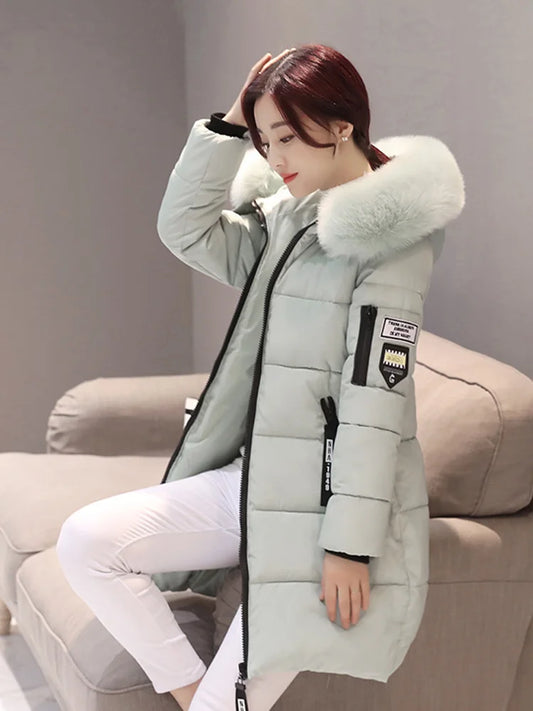 Warm Fur Collar Hooded Women Parka, Comfortable Zipper Pockets Design Long Jacket.