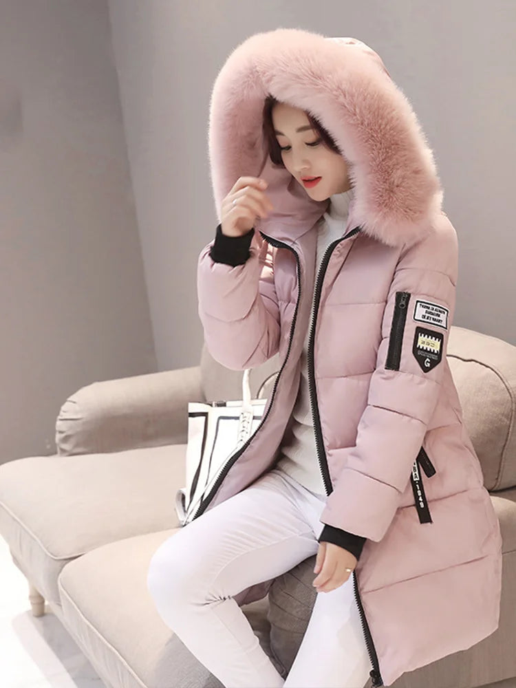 Warm Fur Collar Hooded Women Parka, Comfortable Zipper Pockets Design Long Jacket.