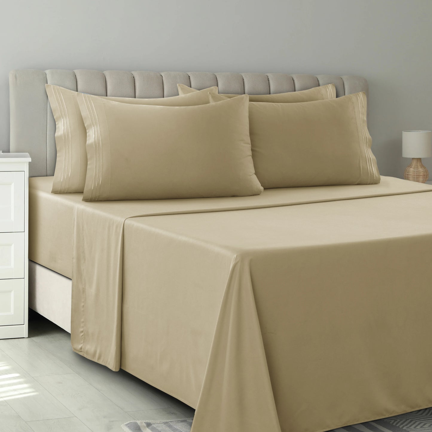 Lux Décor 6Pc Solid Sheet Set – Brushed Microfiber, 16" Deep Pockets, with Embroidered & Plain Pillowcases.