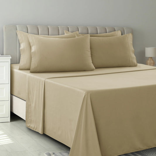 Lux Décor 6Pc Solid Sheet Set – Brushed Microfiber, 16" Deep Pockets, with Embroidered & Plain Pillowcases.