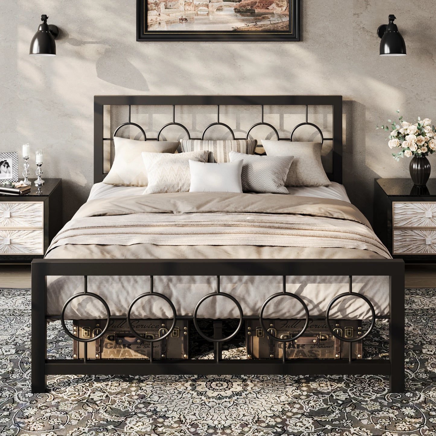 Metal Platform Bed Frame with Vintage  Design Headboard and FootboardUnder-Bed Storage