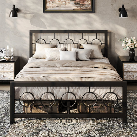 Metal Platform Bed Frame with Vintage  Design Headboard and FootboardUnder-Bed Storage